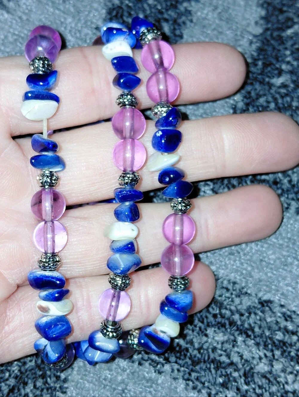 Vintage Boho Beaded Bracelet Watch Blue Stone Pink Glass Silver Floral Quartz CC